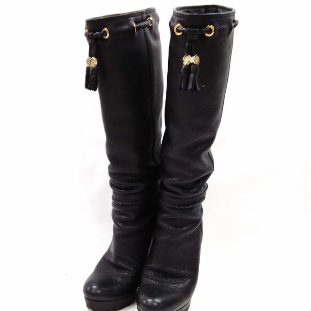 GUCCI Tall Black Leather Boots with Leather braid and tassels. Size 37 - Picture 2 of 12